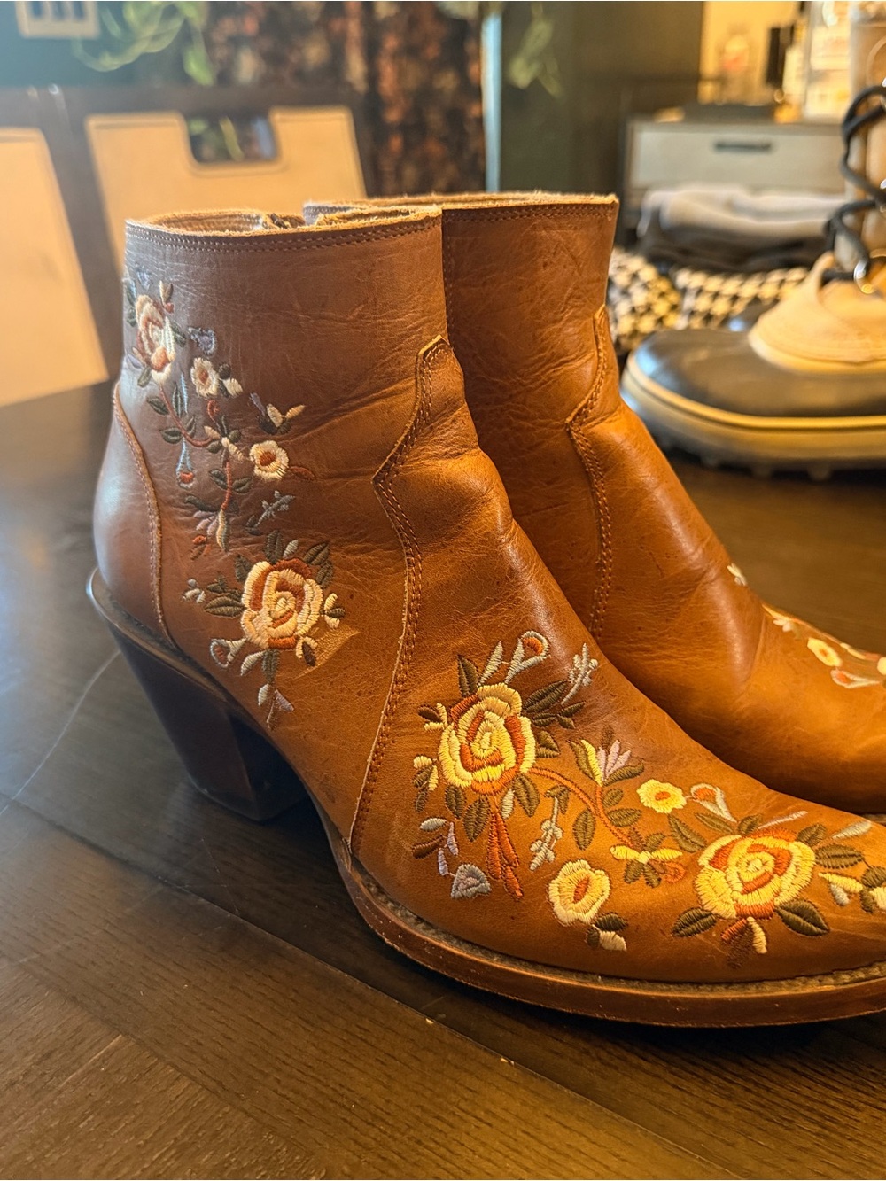 Shyanne Tan Embroidered Floral Leather Ankle Booties